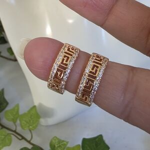 Gold Filled Small Huggie Hoop Earrings Greek Key Design